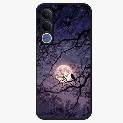 Whispering Moon Silence Glass Case showing flat back view with serene moon themed artwork and glossy glass finish.