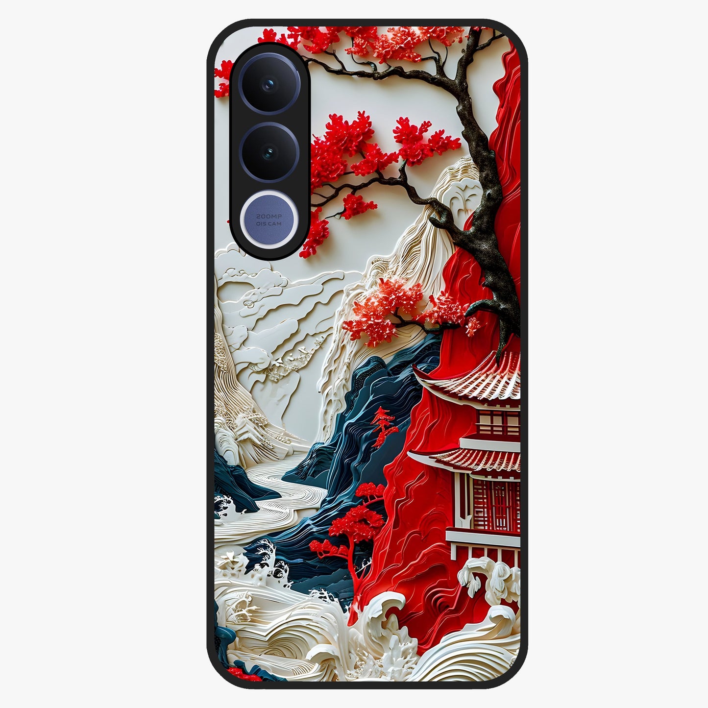 Whispers Of Sakura Waves Glass Case showing flat back view with cherry blossom wave artwork and glossy glass finish.