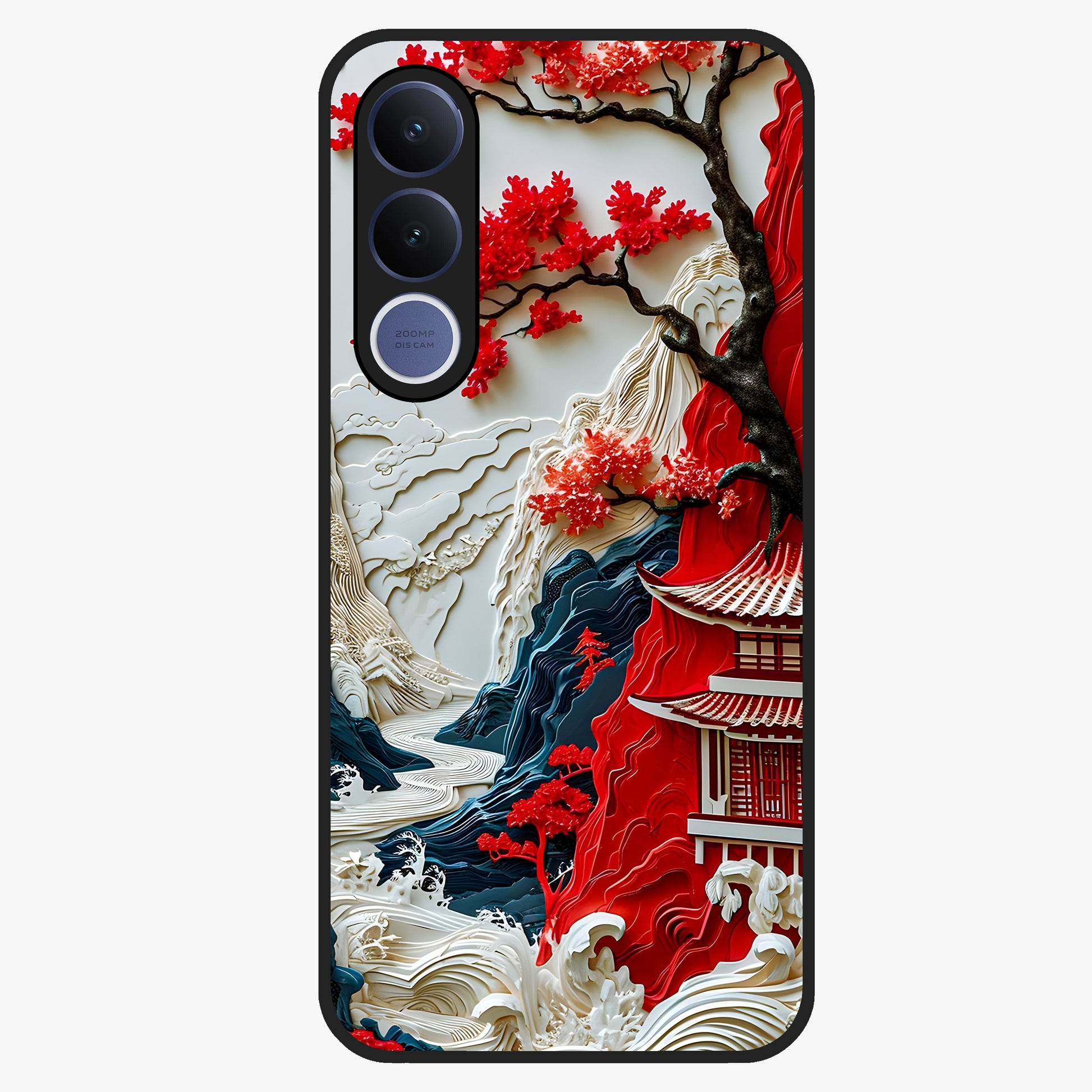 Whispers Of Sakura Waves Glass Case showing flat back view with cherry blossom wave artwork and glossy glass finish.