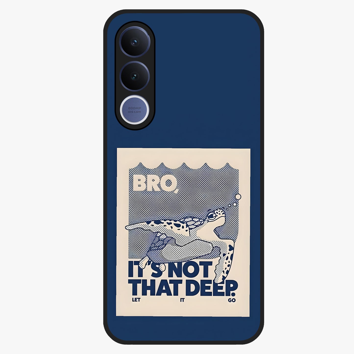 Worry Less Swim Glass Case showing flat back view with playful motivational artwork and glossy glass finish.
