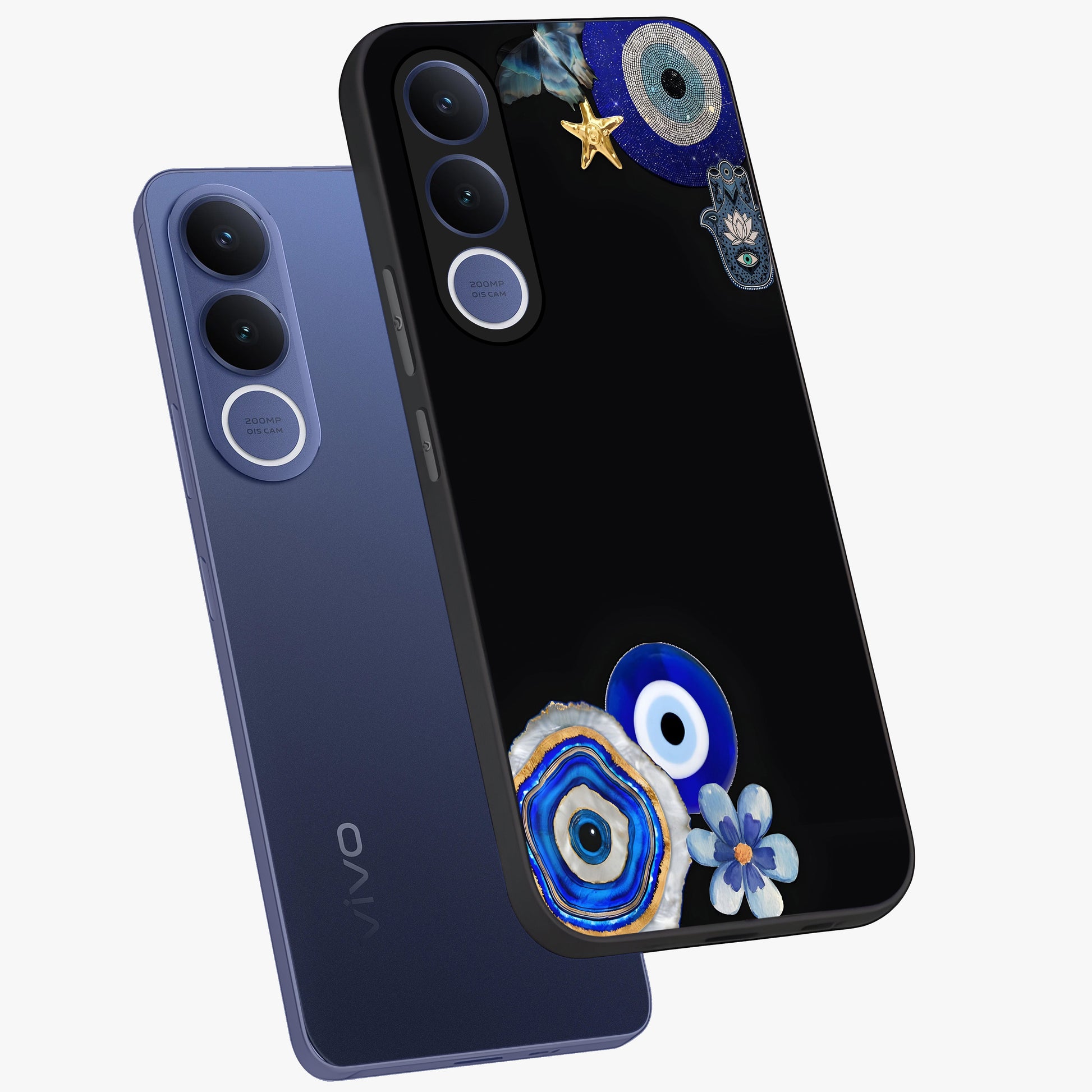 Aesthetic Blue Evil Eye Glass Case displayed in angled mockup highlighting blue evil eye symbol and spiritual aesthetic design.