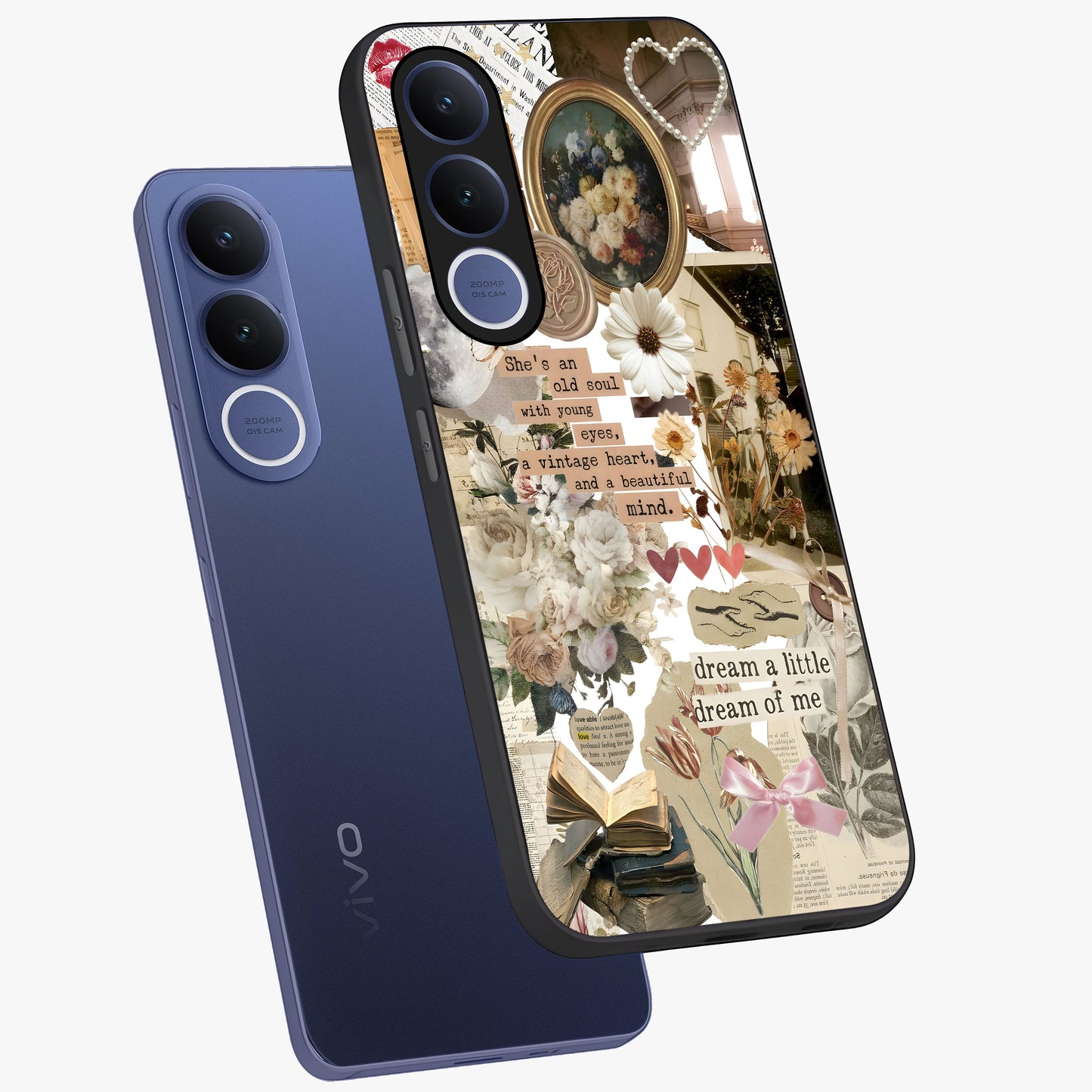 Aesthetic Brown Vintage Collage Glass Case displayed in angled mockup highlighting vintage aesthetic collage design.