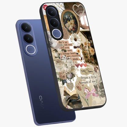Aesthetic Brown Vintage Collage Glass Case displayed in angled mockup highlighting vintage aesthetic collage design.