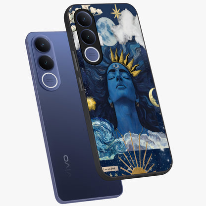 Aesthetic Lord Shiva Glass Case displayed in angled mockup highlighting spiritual Shiva illustration and sacred aesthetic design.