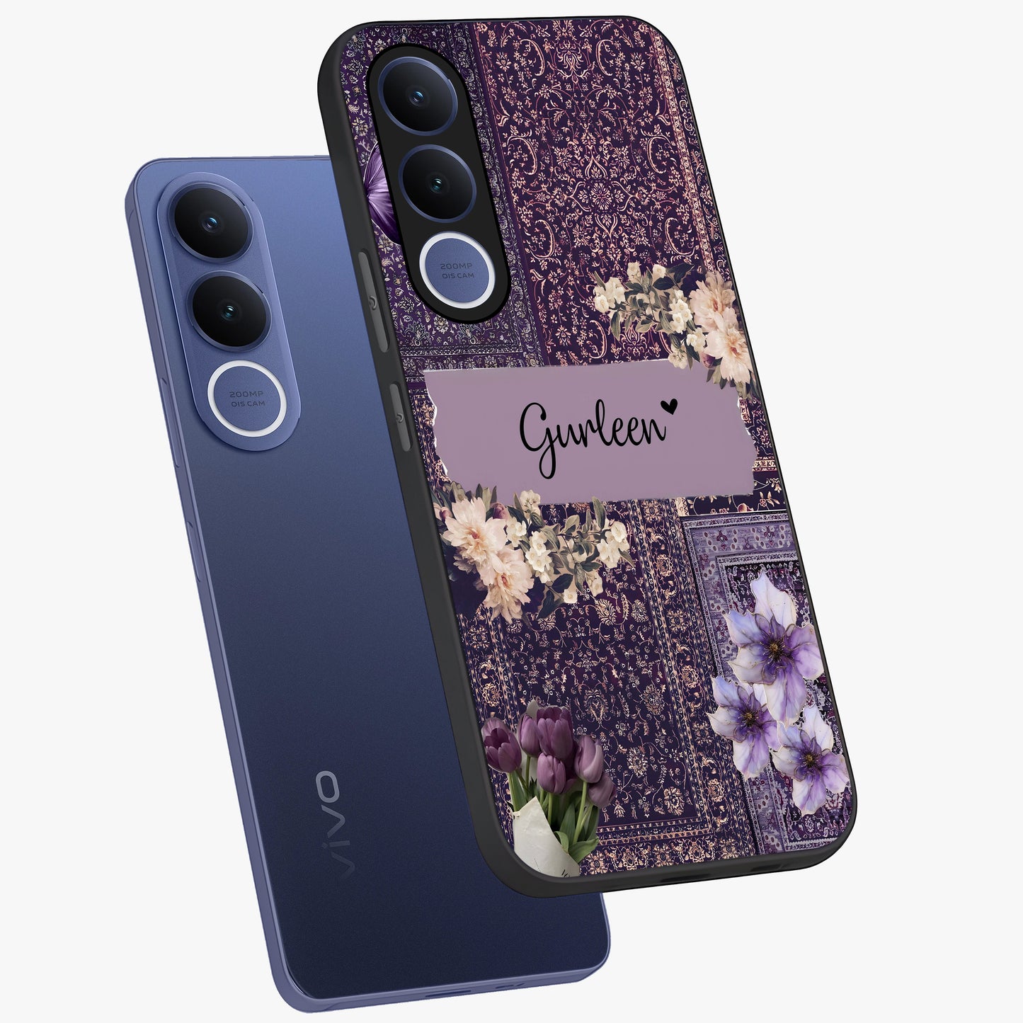Antique Floral Whisper Custom Name Glass Case displayed in angled mockup highlighting elegant antique floral aesthetic.