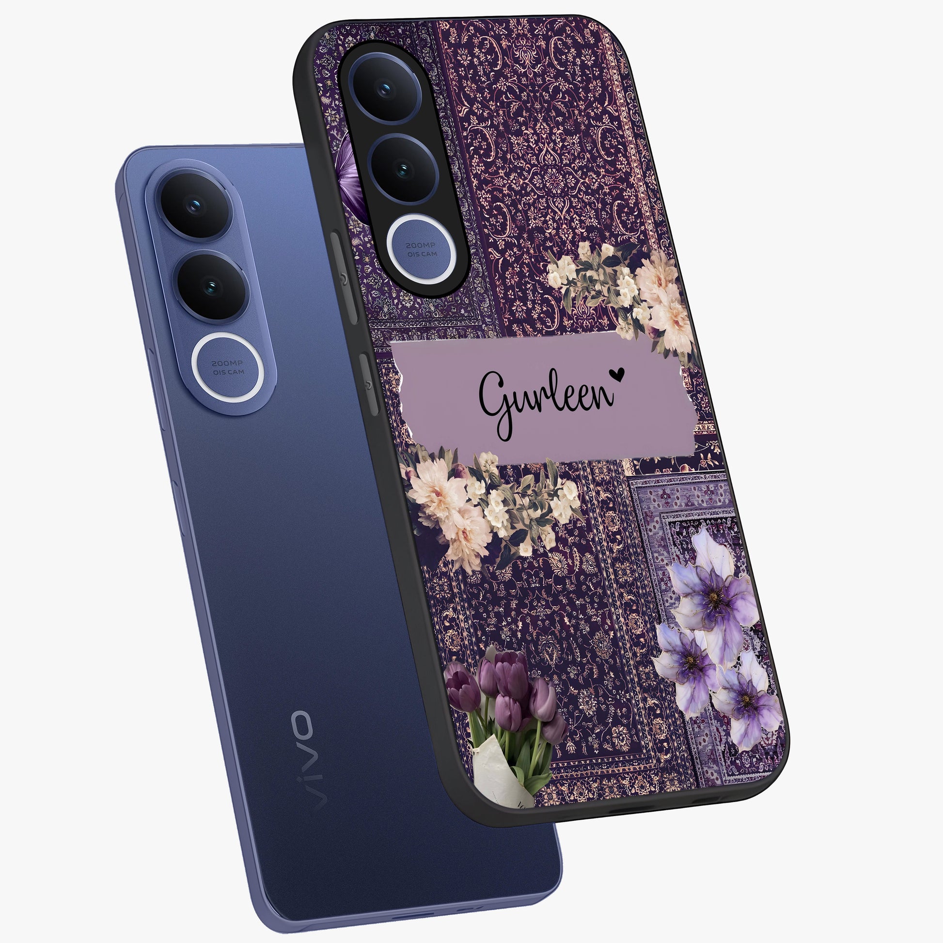 Antique Floral Whisper Custom Name Glass Case displayed in angled mockup highlighting elegant antique floral aesthetic.