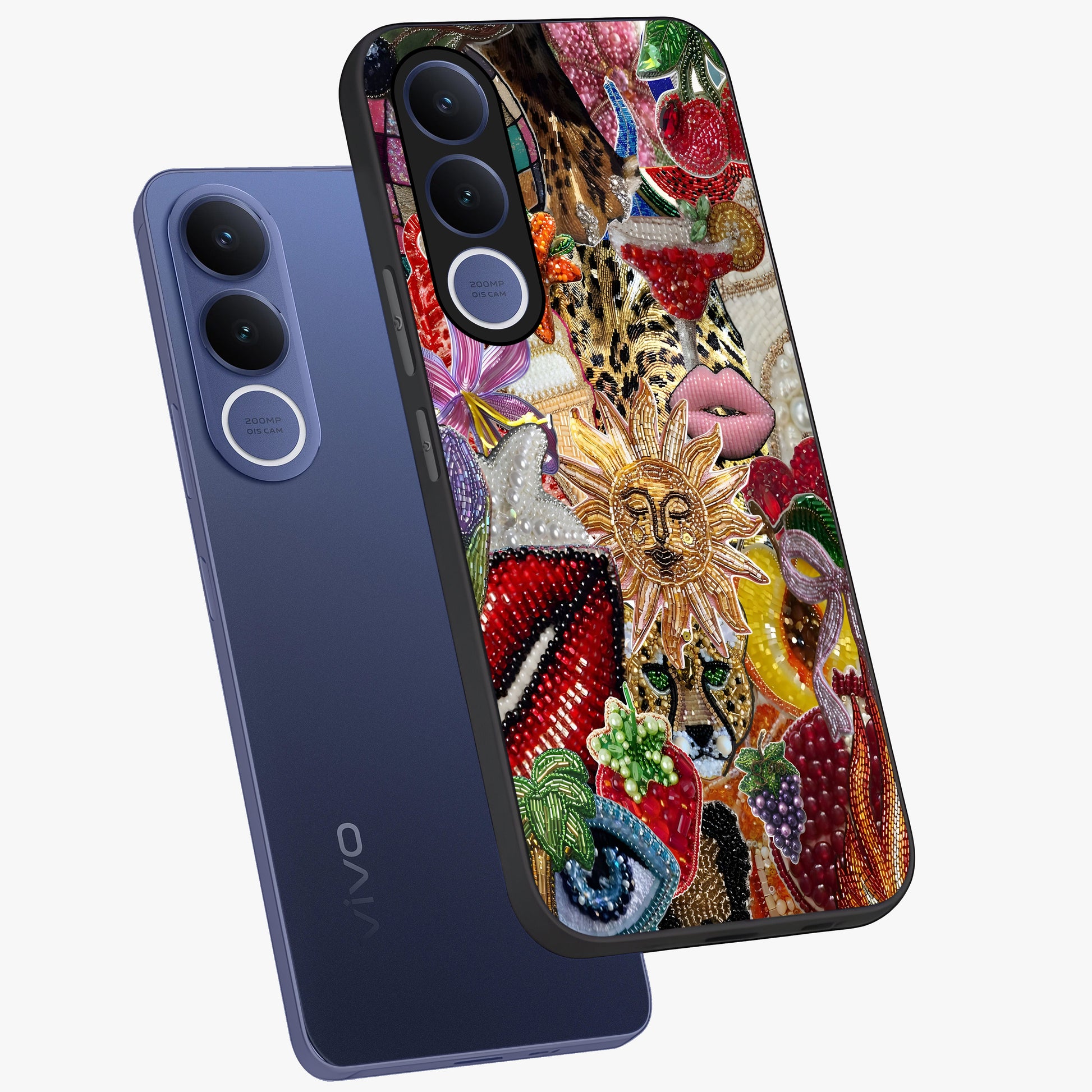 Beaded Fashion Jungle Glass Case displayed in angled mockup highlighting colorful fashion bead design and artistic pattern.