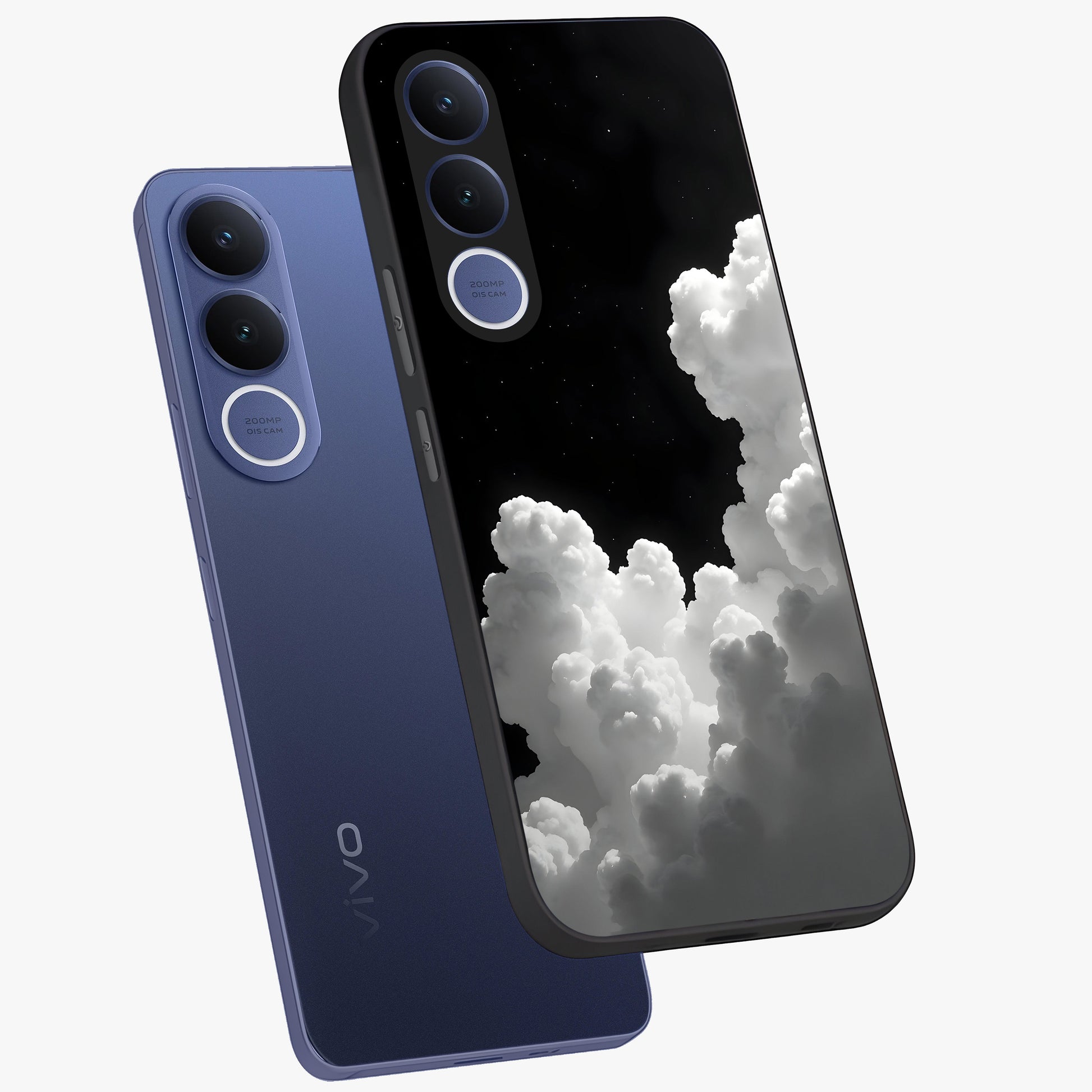 Black Background With White Cloud Glass Case displayed in angled mockup highlighting soft white cloud illustration and minimal design.