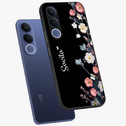 Black Elegance Floral Custom Name Glass Case displayed in angled mockup highlighting dark floral aesthetic and custom name feature.