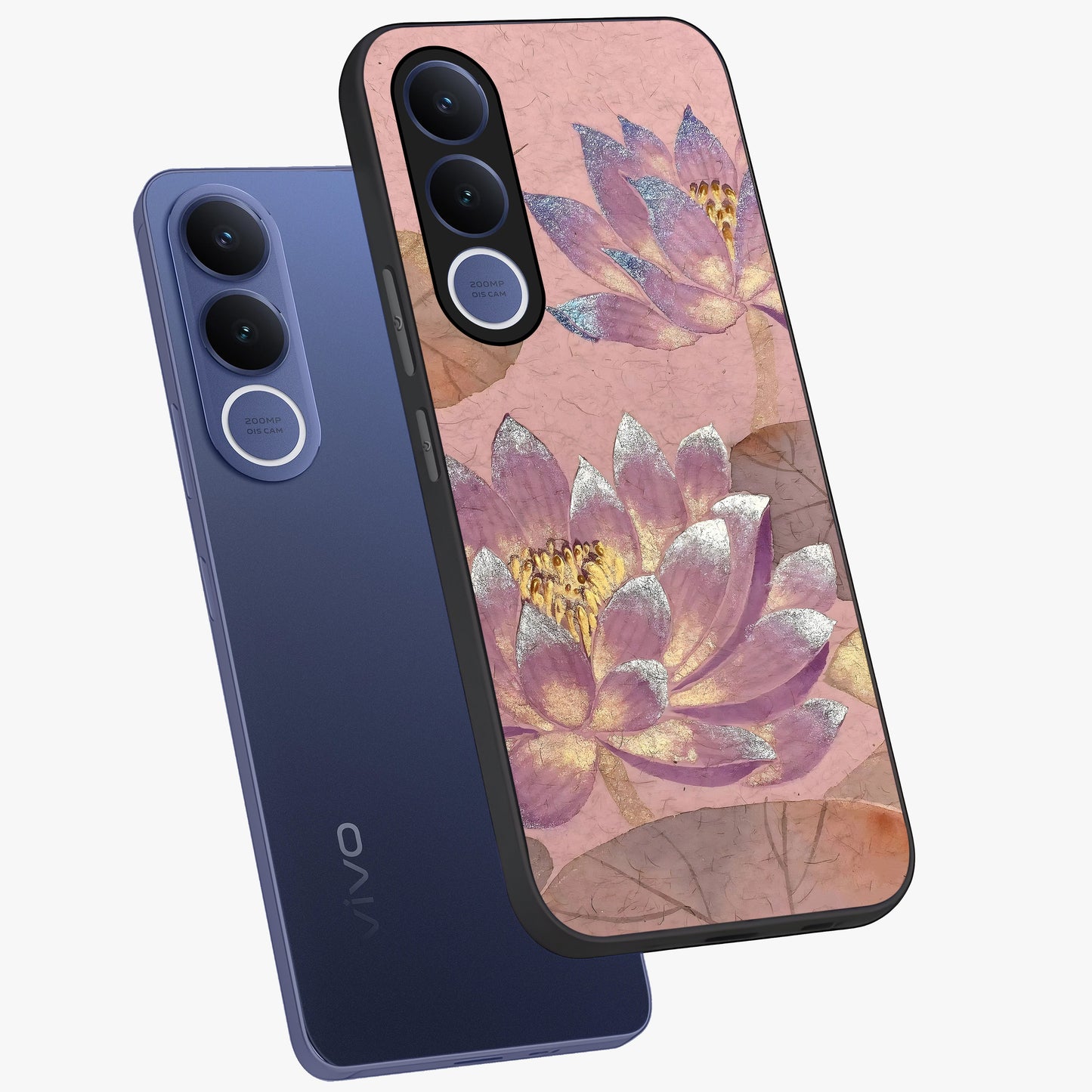 Blossom Mist Lotus Glass Case displayed in angled mockup highlighting delicate lotus illustration with calm aesthetic theme.
