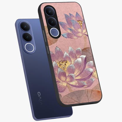 Blossom Mist Lotus Glass Case displayed in angled mockup highlighting delicate lotus illustration with calm aesthetic theme.