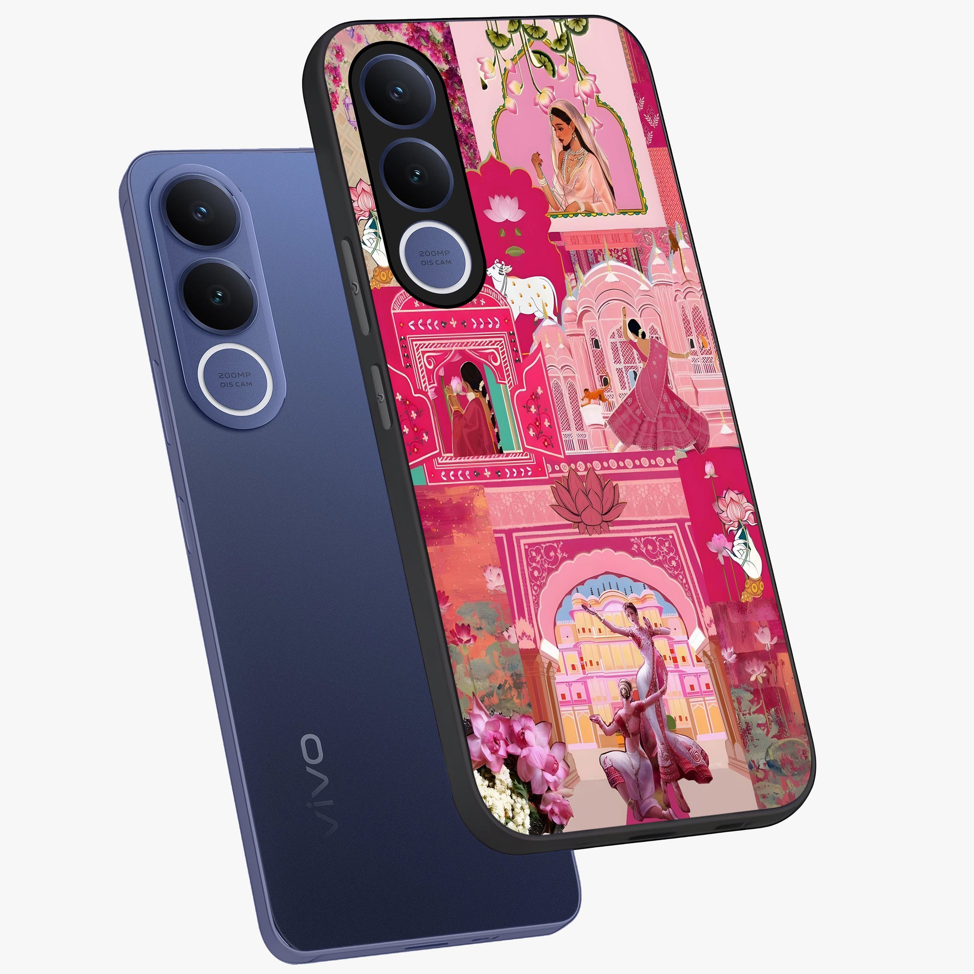 Blossoms of Rajasthan Glass Case displayed in angled mockup highlighting vibrant floral pattern with cultural aesthetic style.