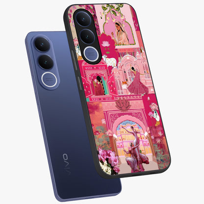 Blossoms of Rajasthan Glass Case displayed in angled mockup highlighting vibrant floral pattern with cultural aesthetic style.