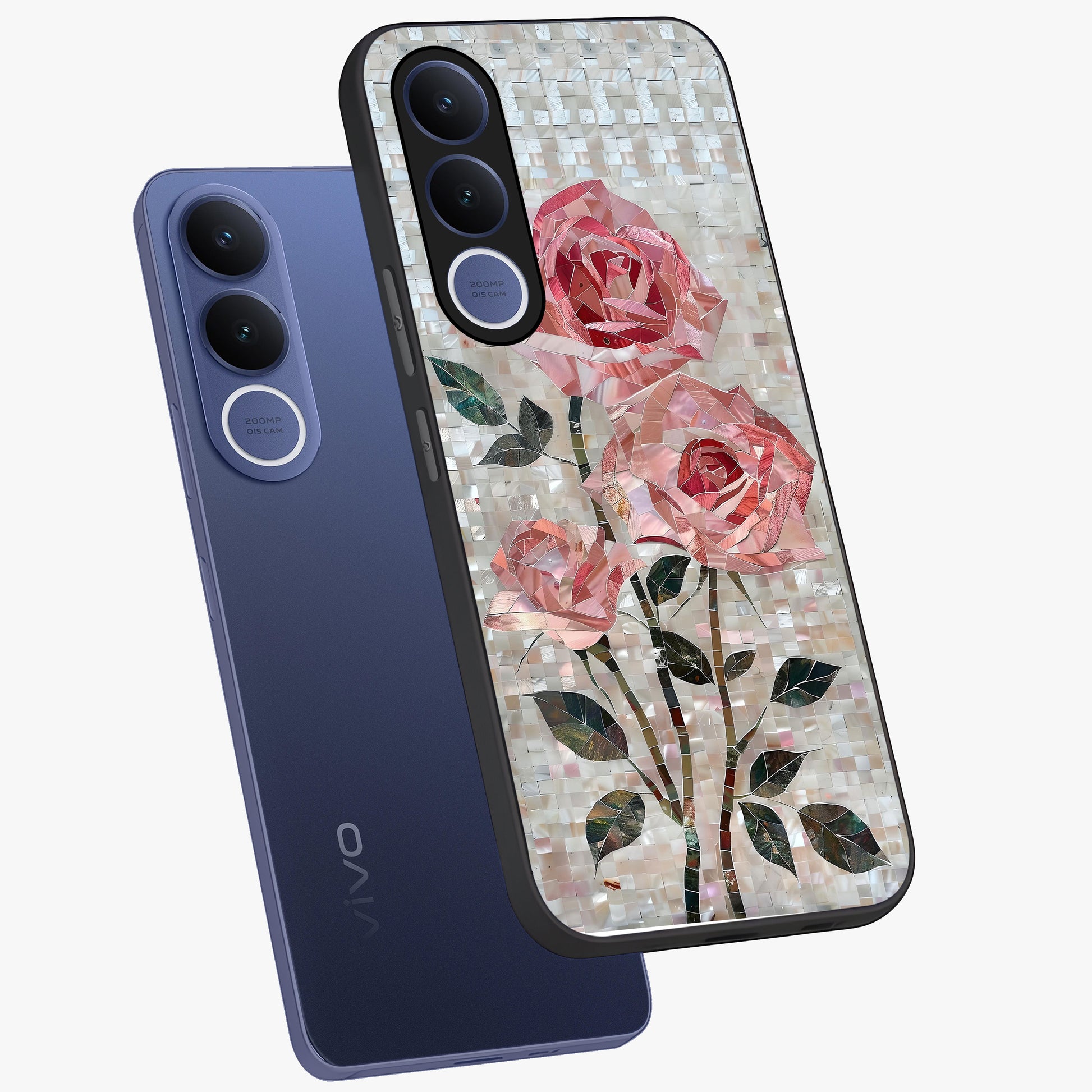 Blush Mosaic Bloom Glass Case displayed in angled mockup highlighting artistic mosaic flower pattern with aesthetic design.