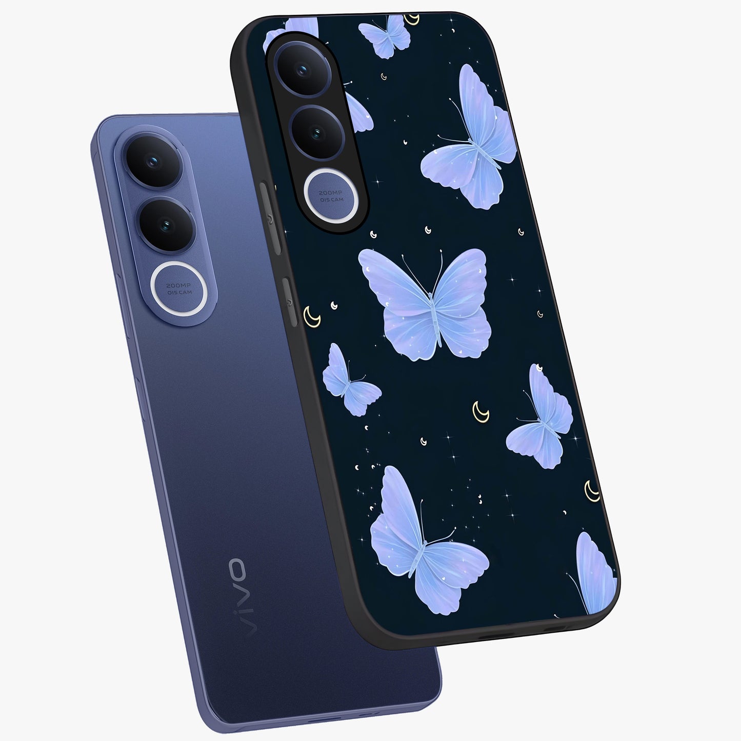 Butterfly With Stars Pattern Glass Case displayed in angled mockup highlighting dreamy butterfly and star design with aesthetic theme.