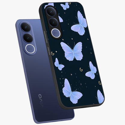Butterfly With Stars Pattern Glass Case displayed in angled mockup highlighting dreamy butterfly and star design with aesthetic theme.