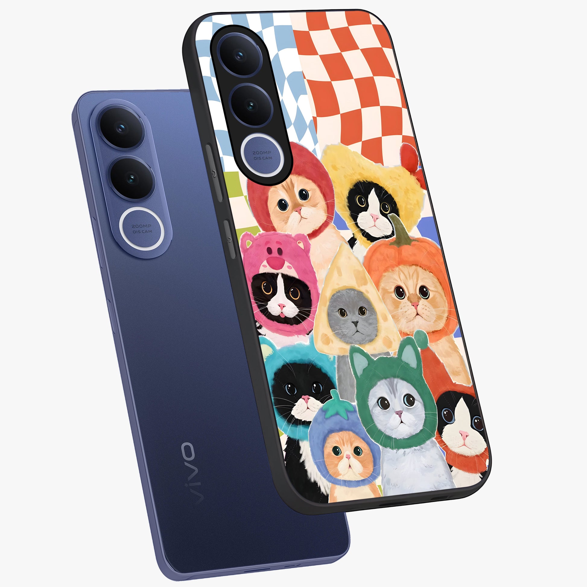 Cats in Fruits Glass Case displayed in angled mockup highlighting cute feline fruit design with colorful aesthetic style.