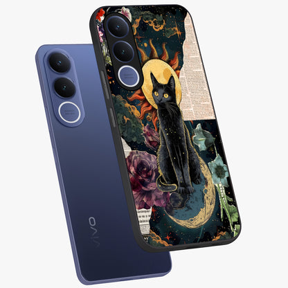 Celestial Black Cat Glass Case displayed in angled mockup highlighting cosmic black cat design with celestial aesthetic.