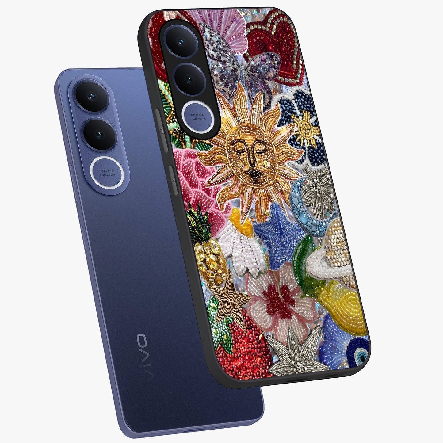 Celestial Floral and Playful Glass Case displayed in angled mockup highlighting playful floral design with dreamy celestial elements.