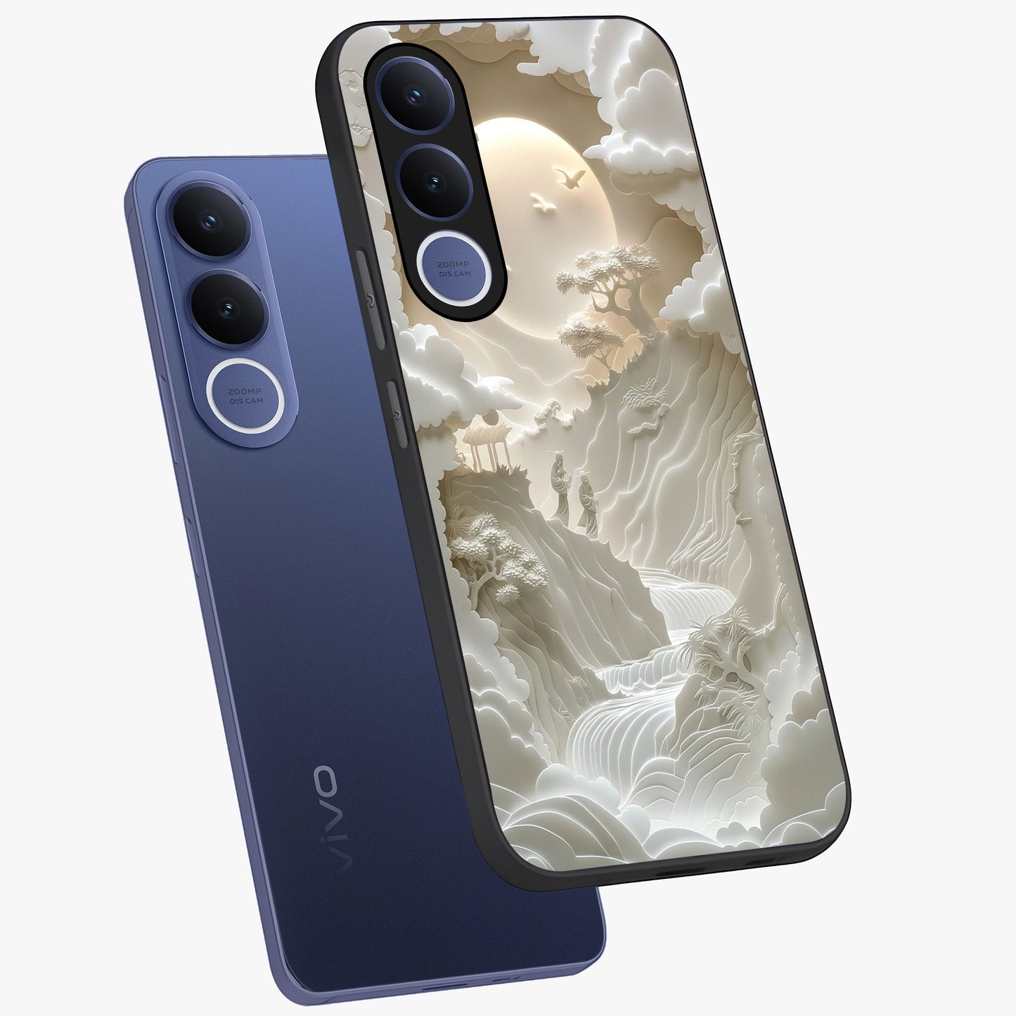 Celestial Origami Glass Case displayed in angled mockup highlighting geometric origami design with cosmic aesthetic theme.