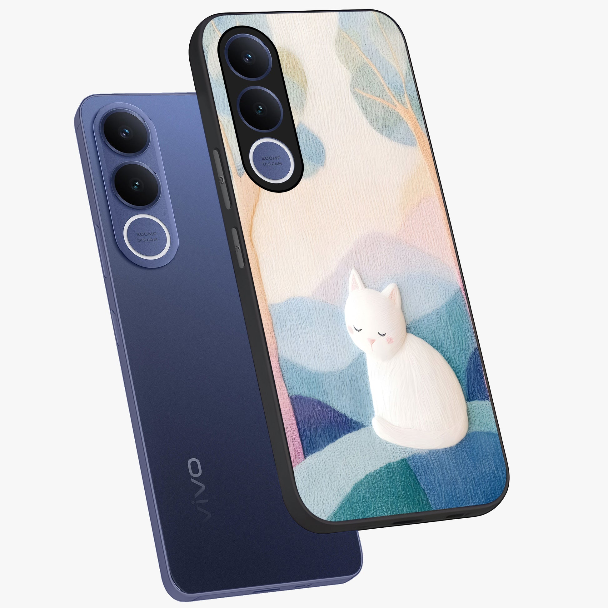 Cotton Dream Cat Glass Case displayed in angled mockup highlighting cute feline illustration with pastel aesthetic style.
