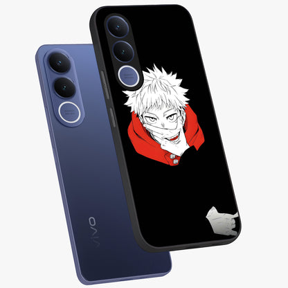 Crimson Chaos Smile Glass Case displayed in angled mockup highlighting edgy crimson smile design with graphic aesthetic.