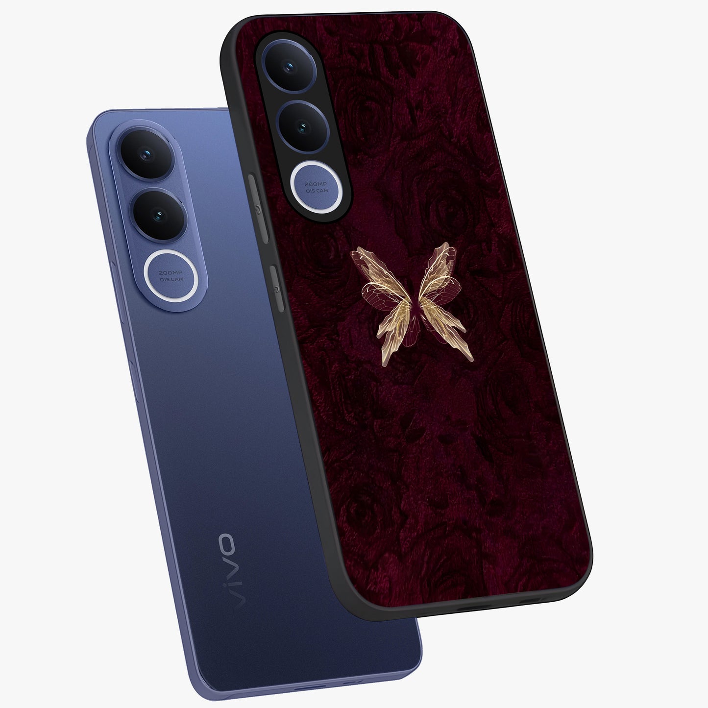 Crimson Fade Butterfly Glass Case displayed in angled mockup highlighting elegant butterfly design with crimson gradient aesthetic.