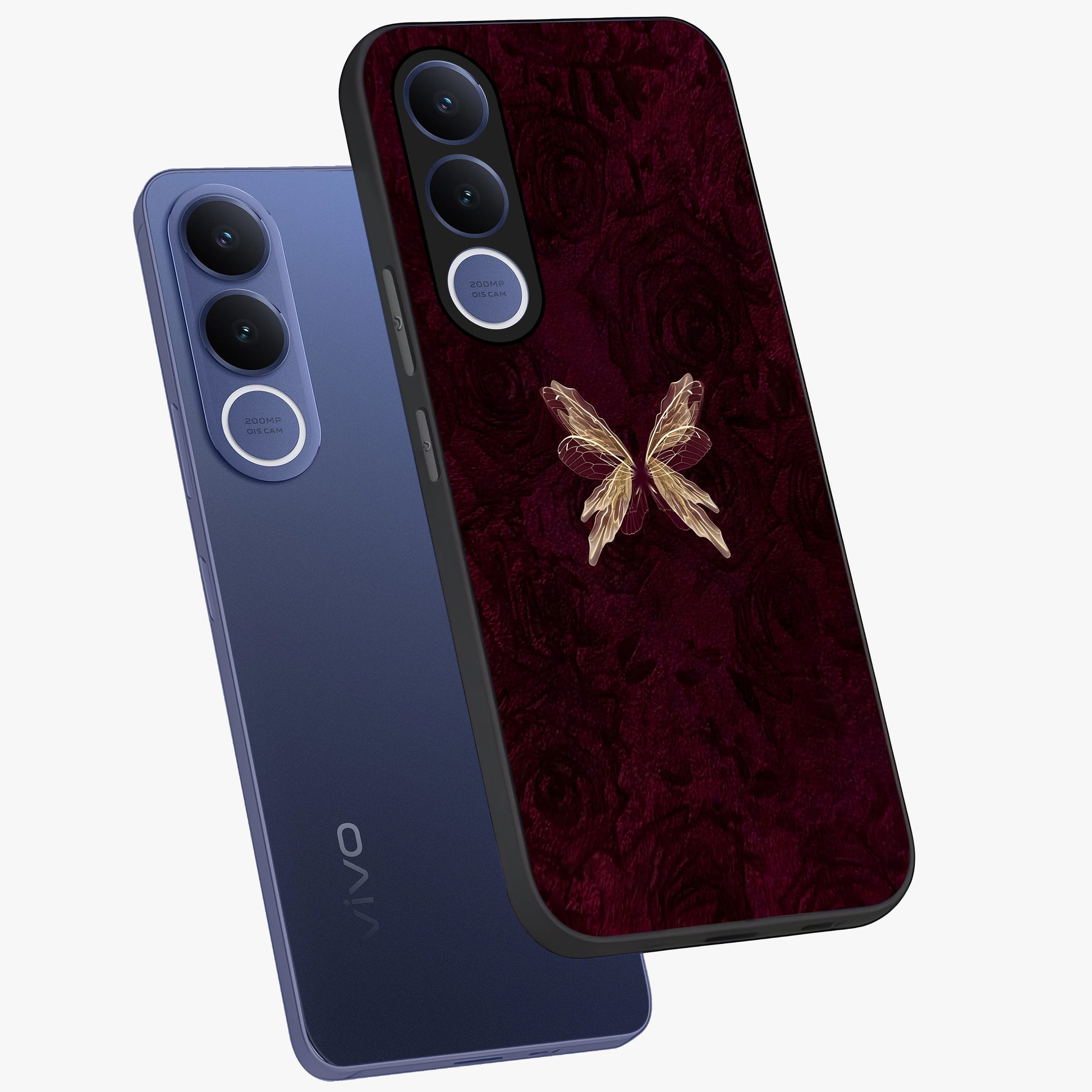 Crimson Fade Butterfly Glass Case displayed in angled mockup highlighting elegant butterfly design with crimson gradient aesthetic.