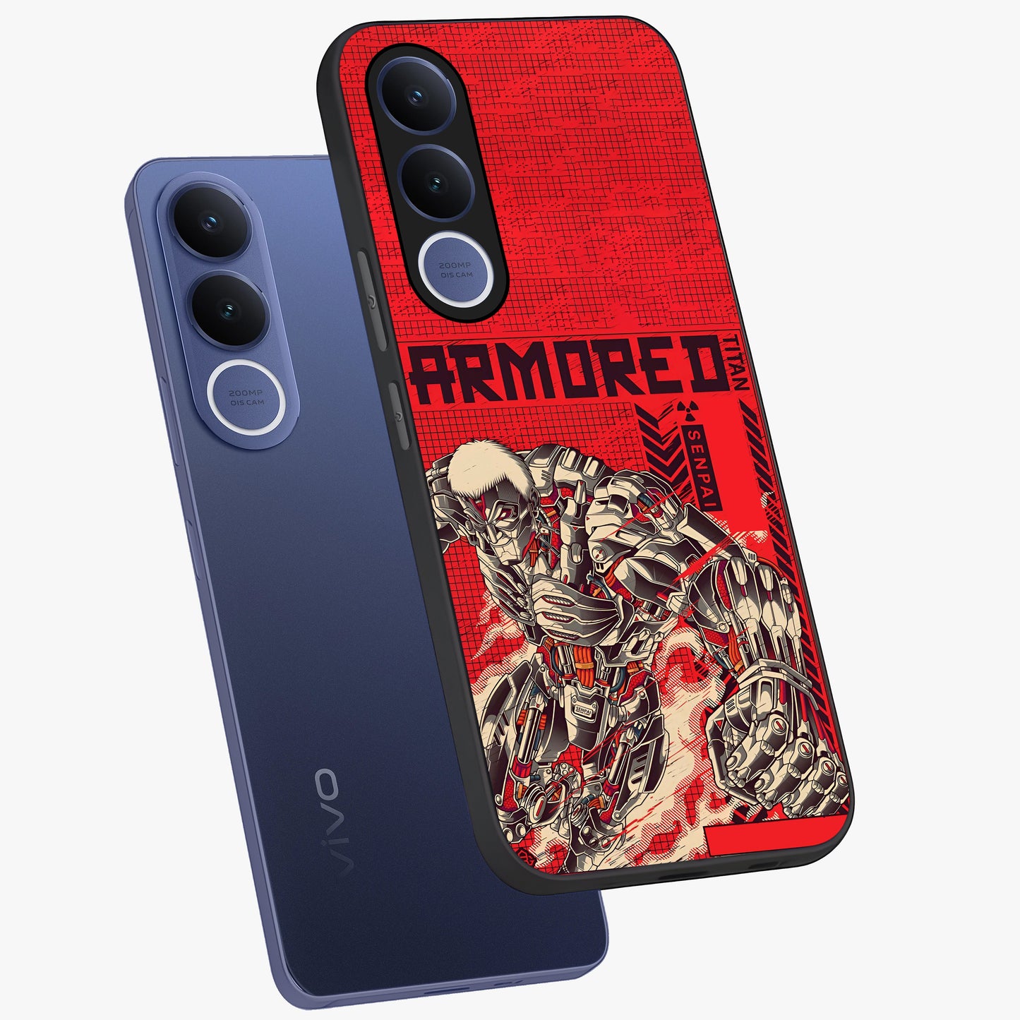 Crimson Mecha Titan Glass Case displayed in angled mockup highlighting futuristic mech illustration with bold crimson aesthetic.