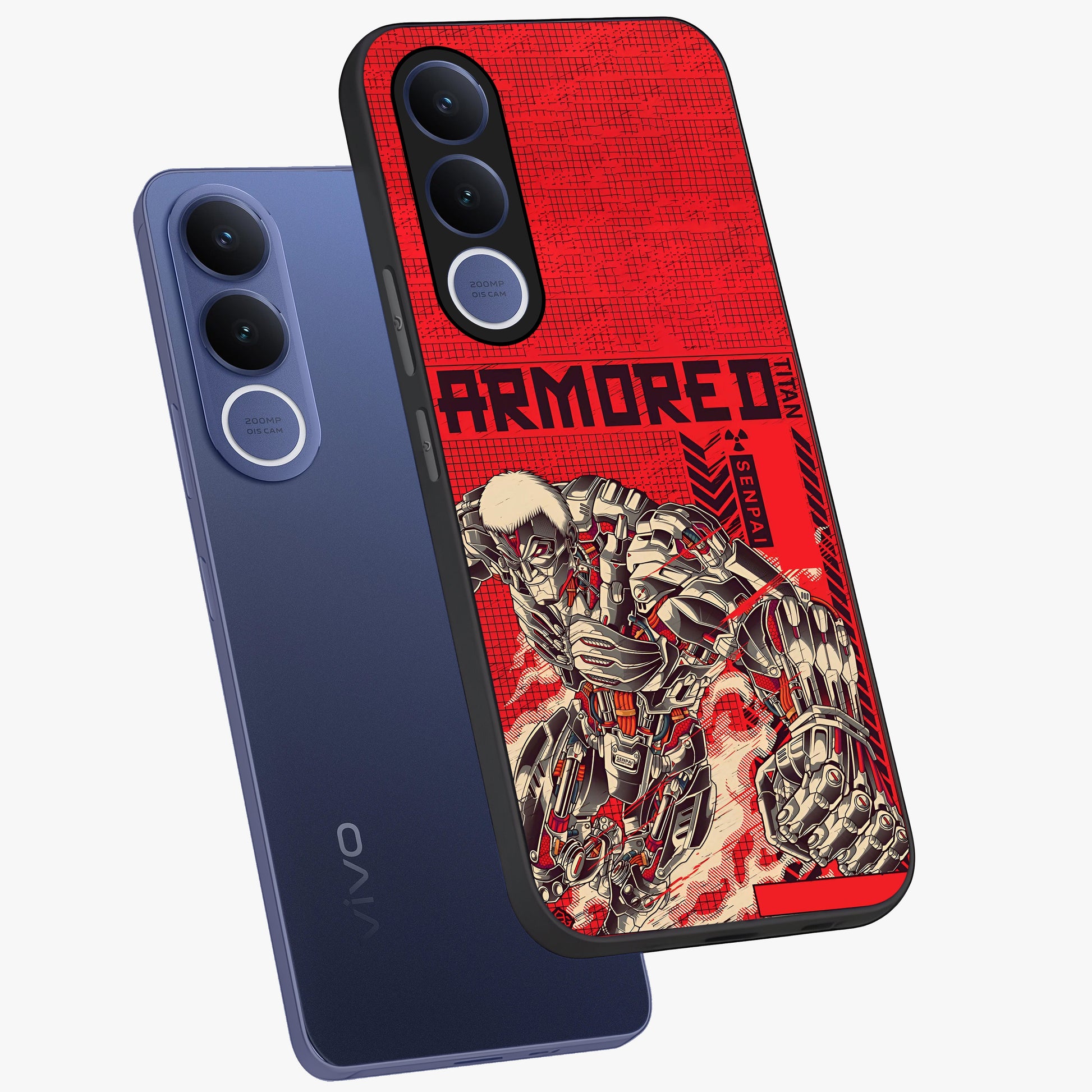 Crimson Mecha Titan Glass Case displayed in angled mockup highlighting futuristic mech illustration with bold crimson aesthetic.