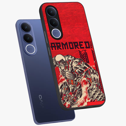 Crimson Mecha Titan Glass Case displayed in angled mockup highlighting futuristic mech illustration with bold crimson aesthetic.