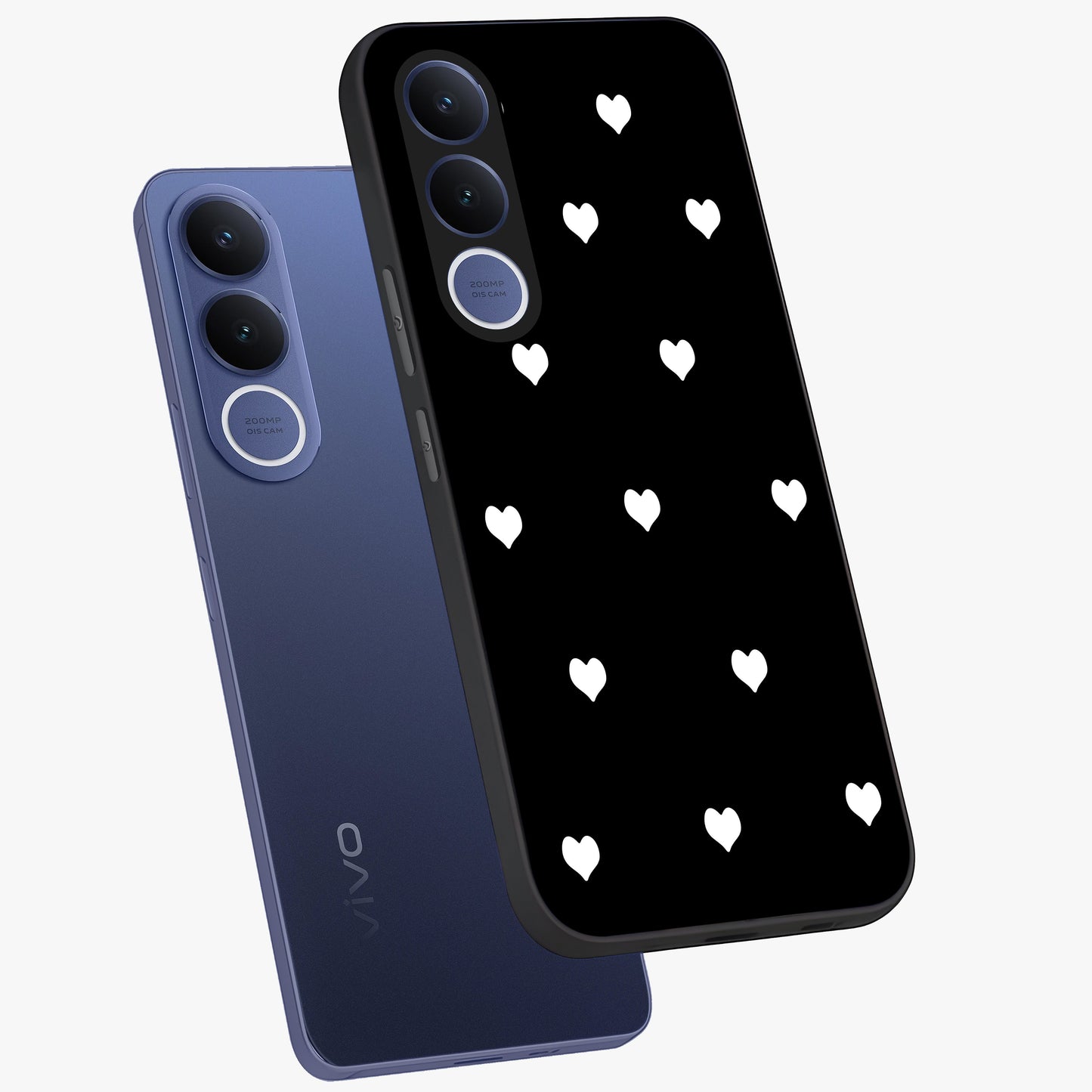 Cute And Simple White Hearts Glass Case displayed in angled mockup highlighting cute heart design with clean aesthetic style.