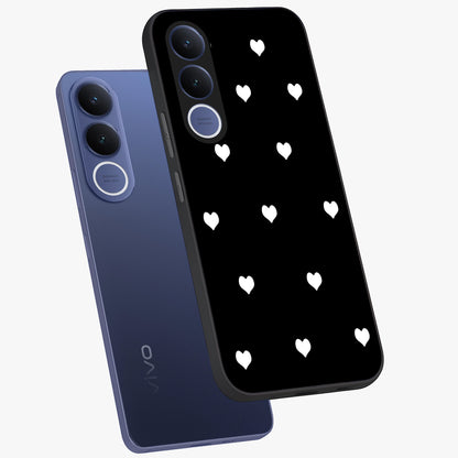 Cute And Simple White Hearts Glass Case displayed in angled mockup highlighting cute heart design with clean aesthetic style.