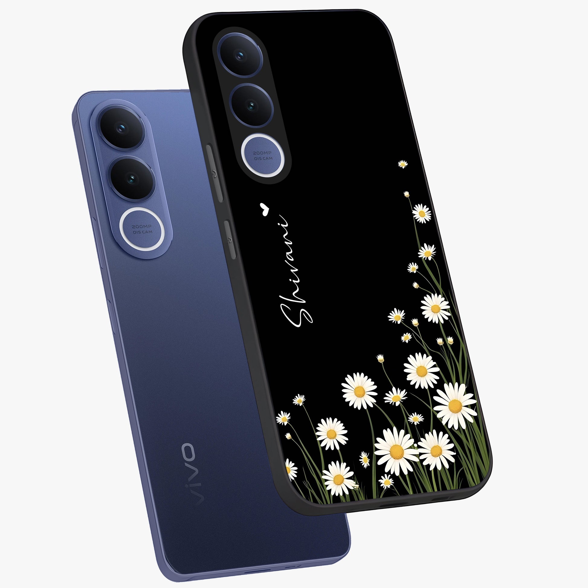 Daisy Cascade Custom Name Glass Case displayed in angled mockup highlighting delicate daisy artwork with custom name feature.
