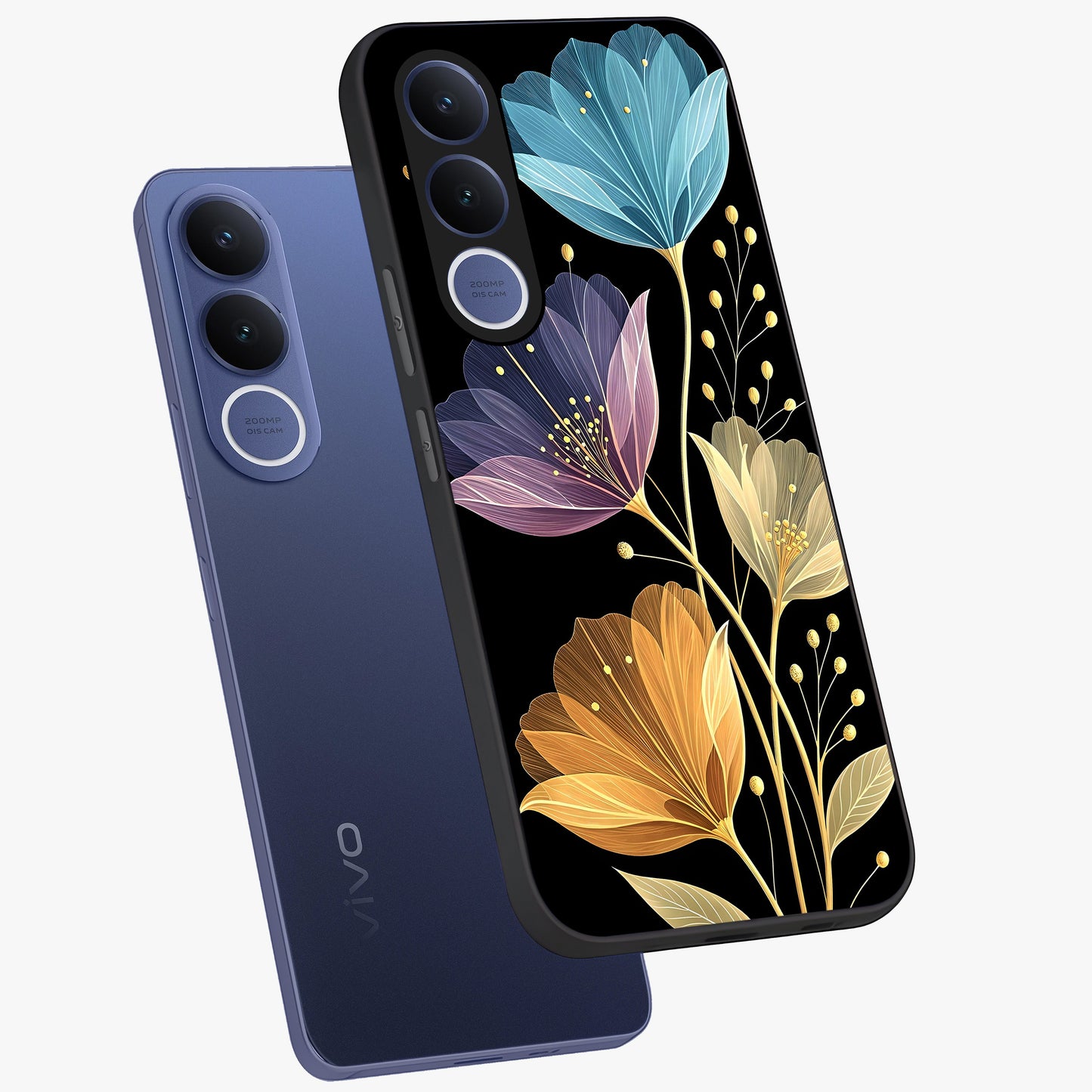 Delicate Multicolor Flowers Glass Case displayed in angled mockup highlighting colorful flower pattern with soft aesthetic style.