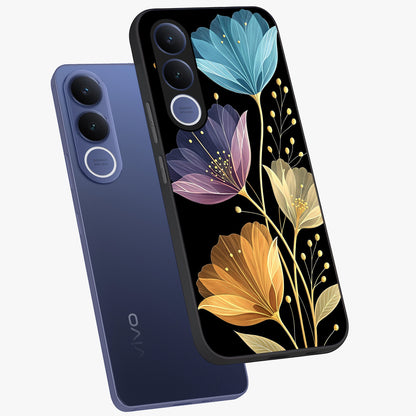 Delicate Multicolor Flowers Glass Case displayed in angled mockup highlighting colorful flower pattern with soft aesthetic style.