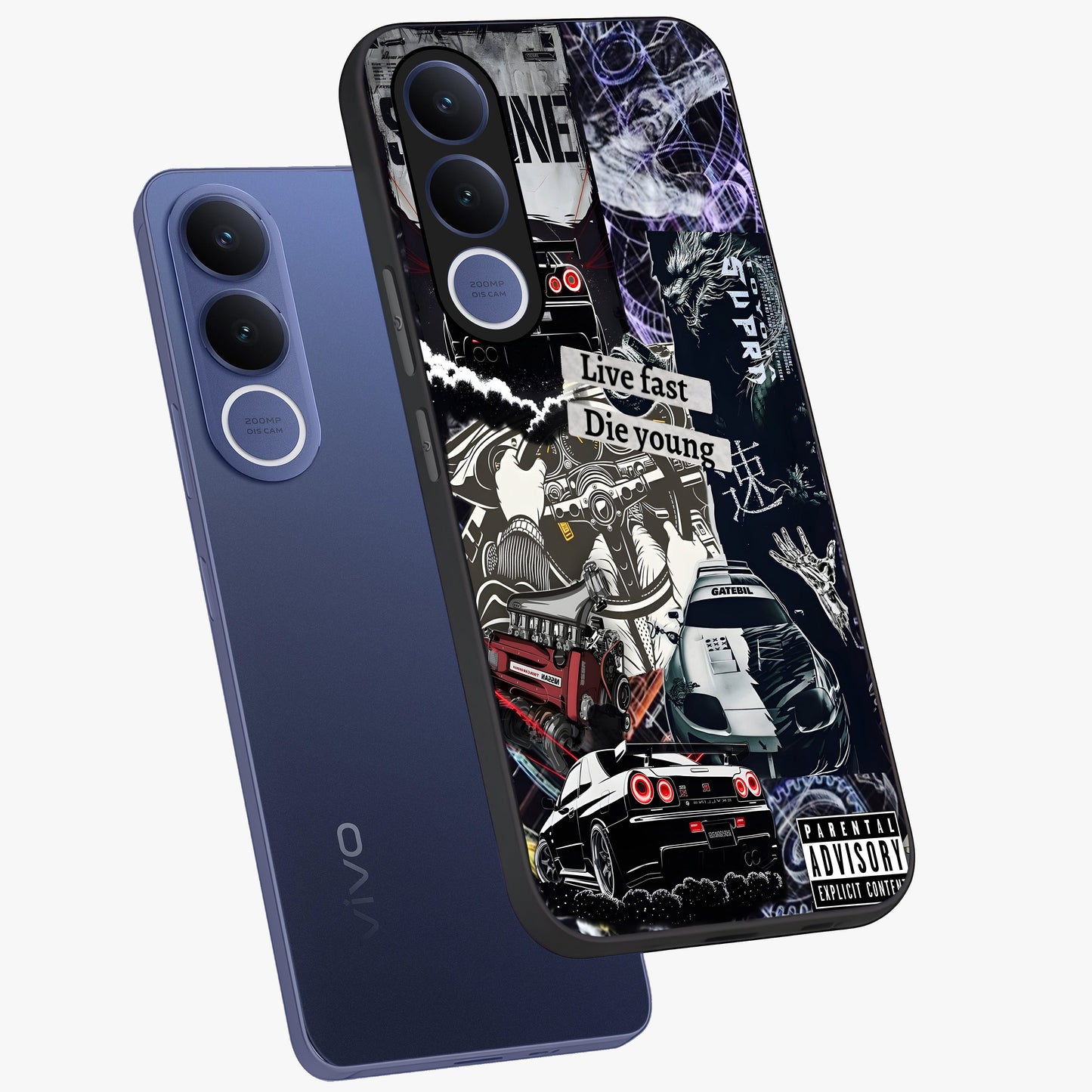 Die Young Glass Case displayed in angled mockup highlighting expressive graphic artwork with edgy aesthetic style.