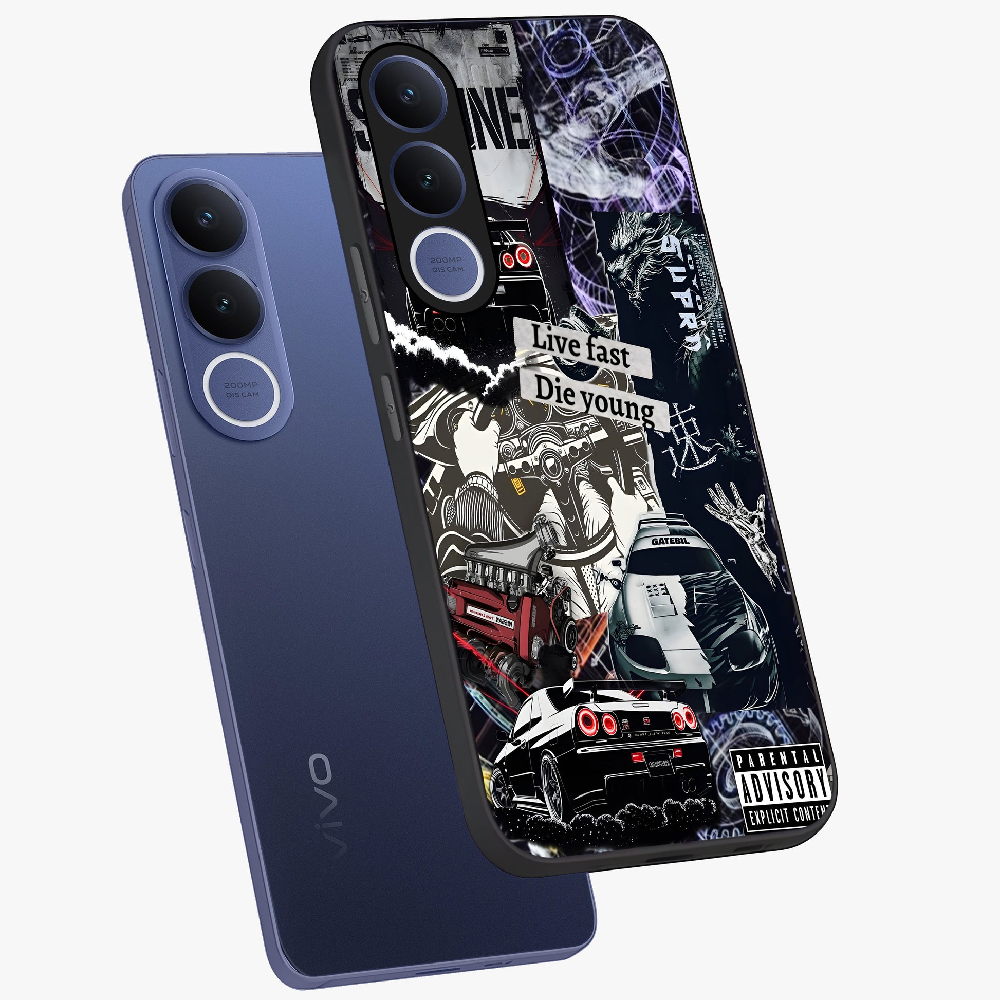 Die Young Glass Case displayed in angled mockup highlighting expressive graphic artwork with edgy aesthetic style.
