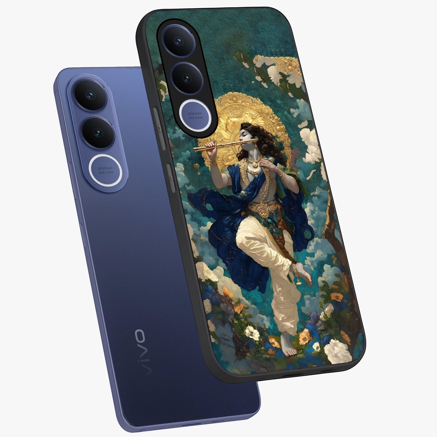 Divine Krishna Art Glass Case displayed in angled mockup highlighting spiritual Krishna illustration with devotional aesthetic.