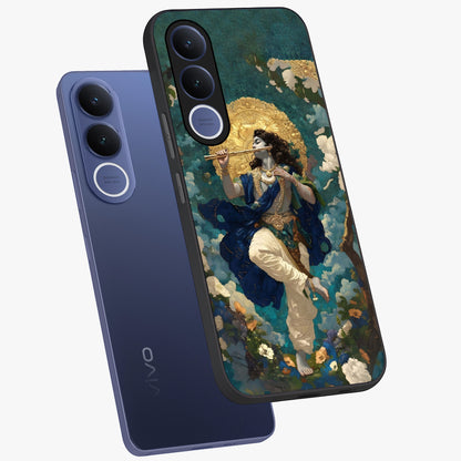 Divine Krishna Art Glass Case displayed in angled mockup highlighting spiritual Krishna illustration with devotional aesthetic.