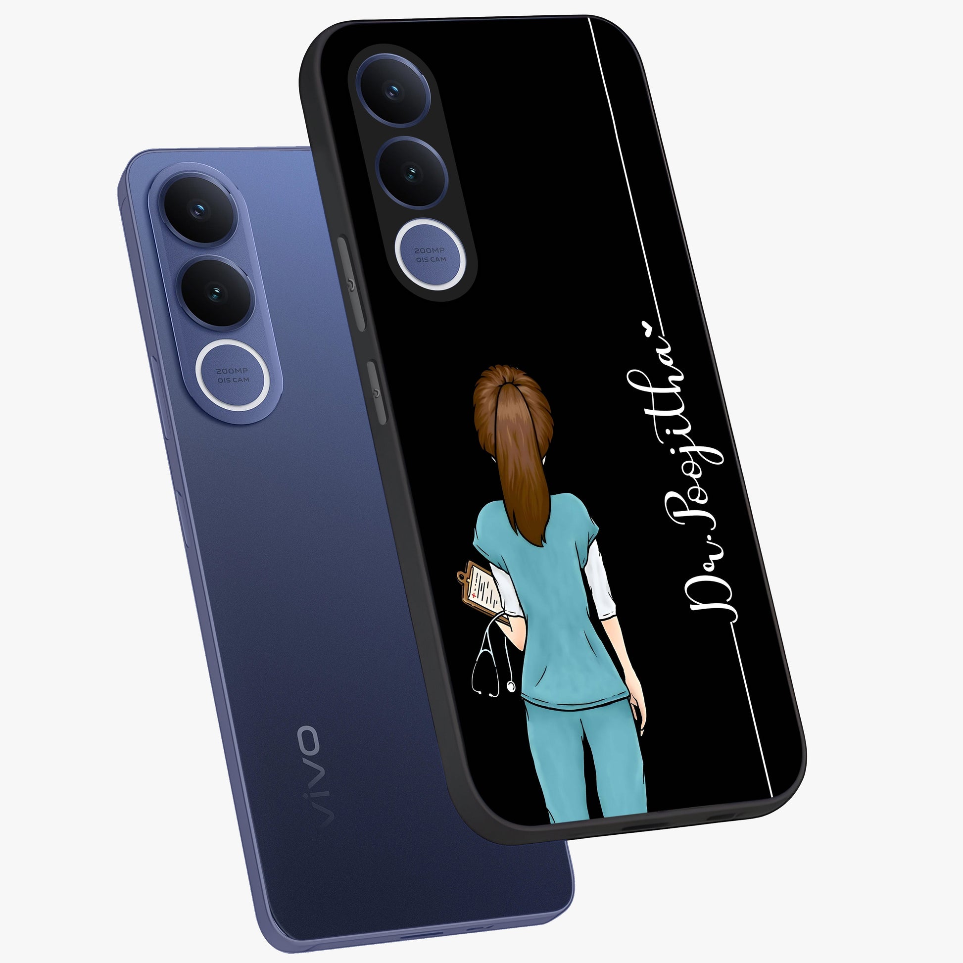 Doctor Pattern Custom Name Glass Case displayed in angled mockup highlighting doctor inspired artwork with custom name feature.