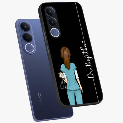 Doctor Pattern Custom Name Glass Case displayed in angled mockup highlighting doctor inspired artwork with custom name feature.