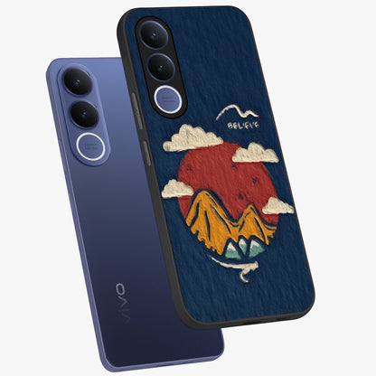 Dream Beyond Mountains Glass Case displayed in angled mockup highlighting dreamy mountain illustration with peaceful aesthetic.