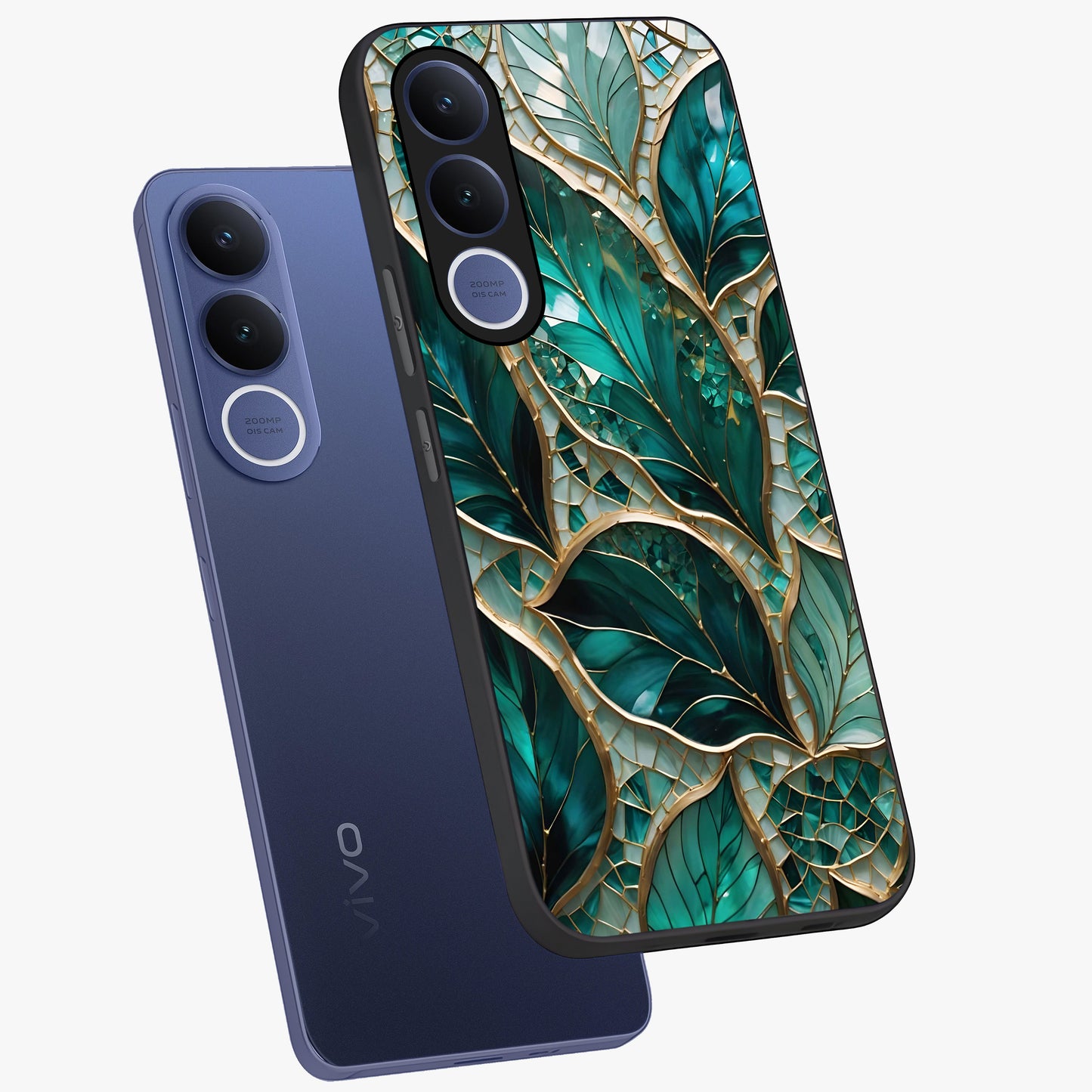 Emerald Leaf Glass Glass Case displayed in angled mockup highlighting botanical leaf illustration with elegant natural aesthetic.