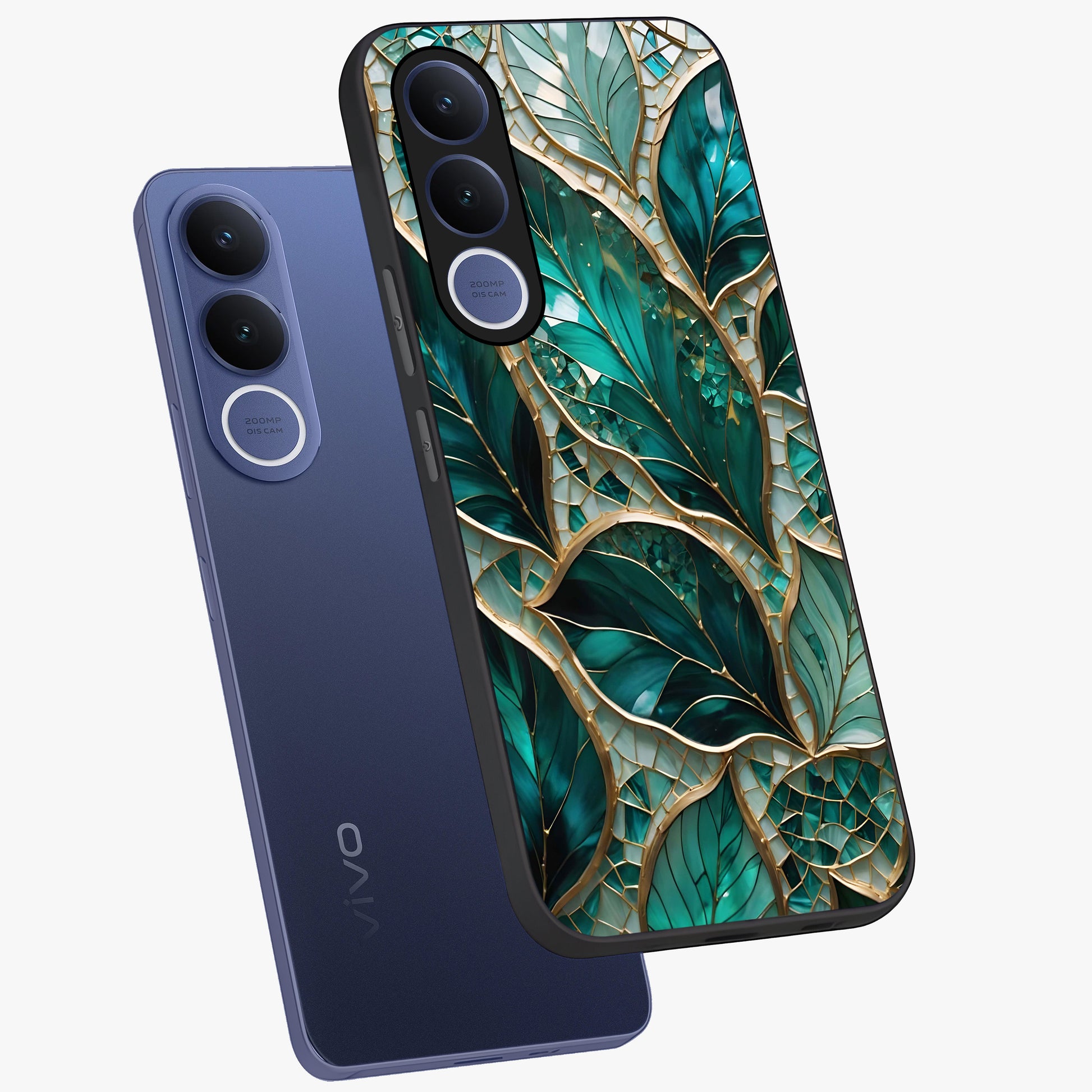 Emerald Leaf Glass Glass Case displayed in angled mockup highlighting botanical leaf illustration with elegant natural aesthetic.