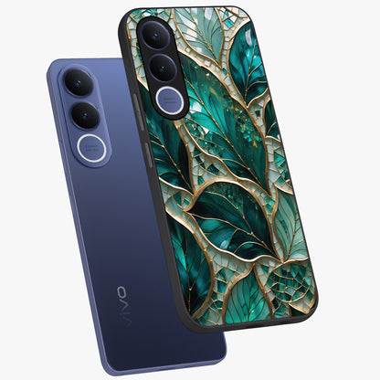 Emerald Leaf Glass Glass Case displayed in angled mockup highlighting botanical leaf illustration with elegant natural aesthetic.