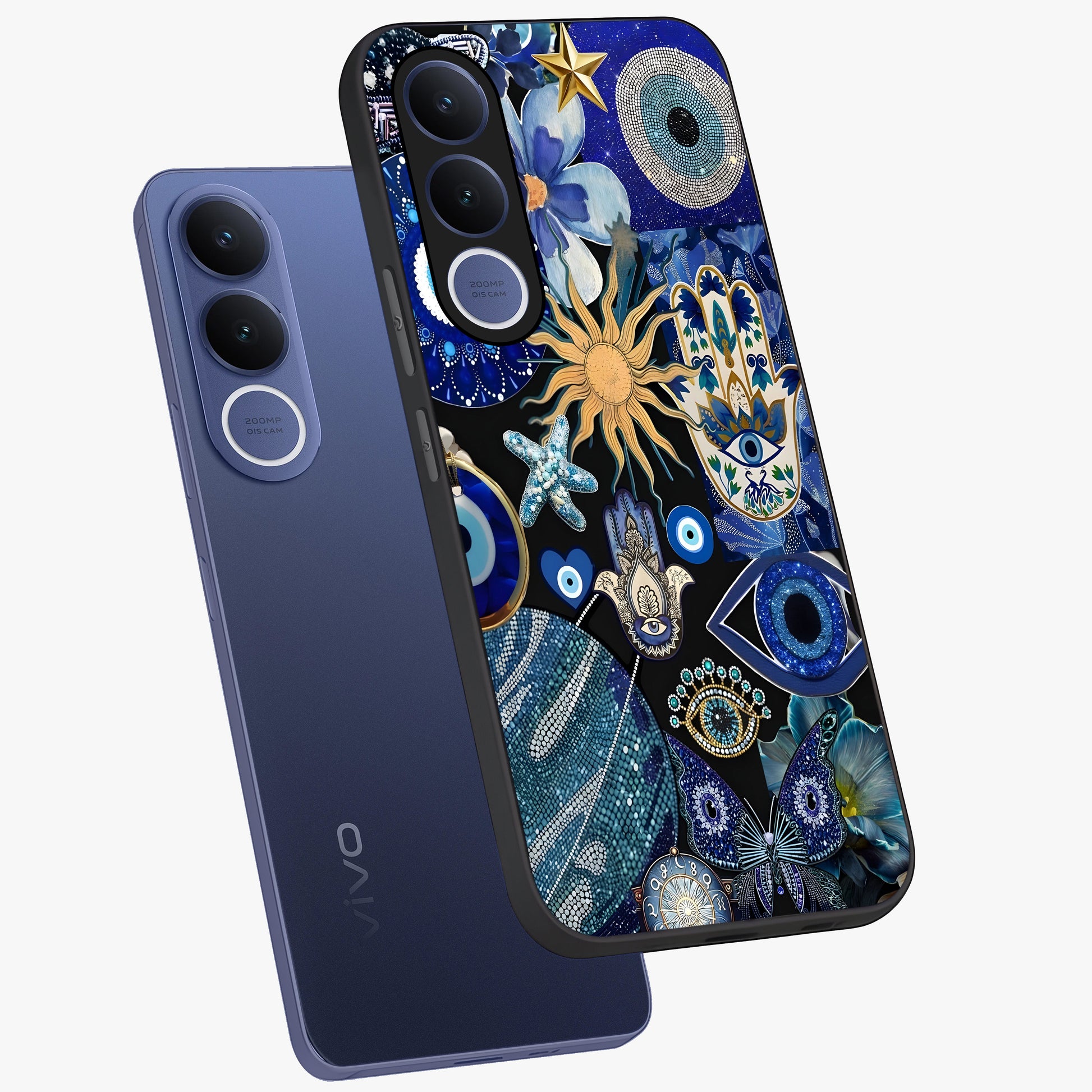 Evil Eye Charm Mix Glass Case displayed in angled mockup highlighting protective evil eye symbols with spiritual aesthetic design.