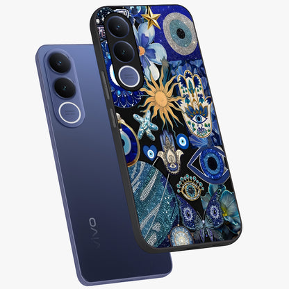 Evil Eye Charm Mix Glass Case displayed in angled mockup highlighting protective evil eye symbols with spiritual aesthetic design.
