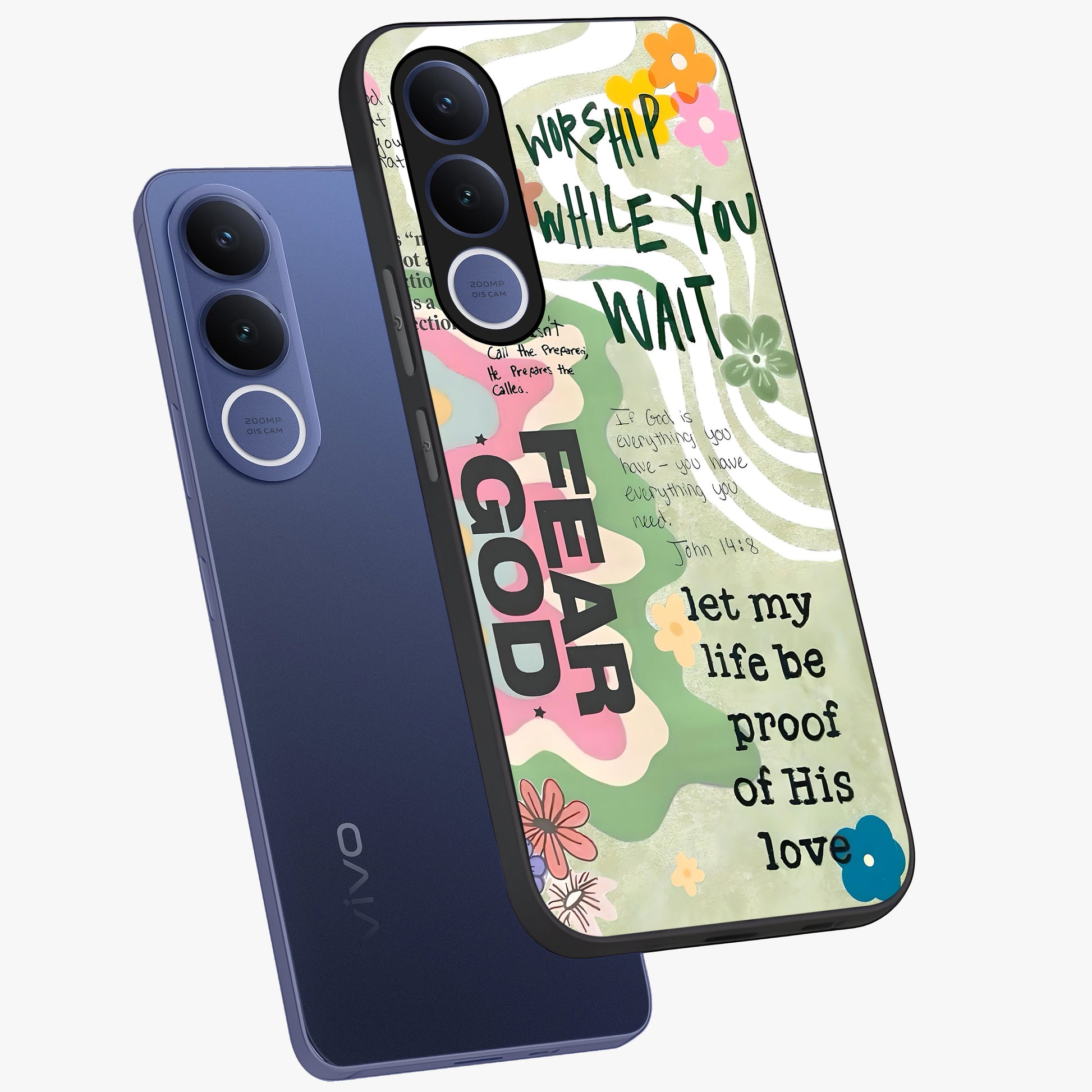 Faith Over Fear Glass Case displayed in angled mockup highlighting inspirational message design with modern aesthetic style.