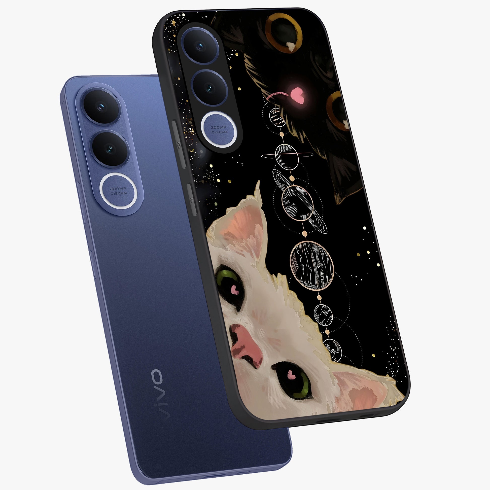Galactic Cat Glass Case displayed in angled mockup highlighting celestial feline illustration with galaxy aesthetic style.